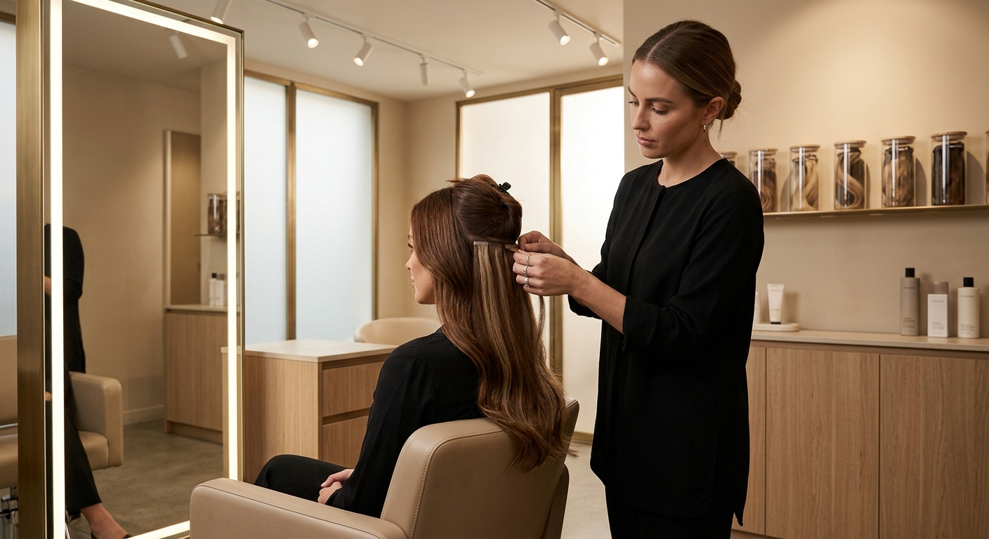 Vibrant image showcasing diverse hair textures and colors blending seamlessly, representing the customization of Custom Hair Extensions. Focus on natural beauty and elegance.