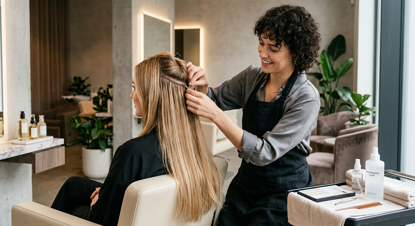 A close-up shot of luxurious, well-maintained hair extensions being gently brushed, with a soft, glowing background. Focus on the smooth texture and healthy appearance, incorporating elements of 'Hair Extension Maintenance'.