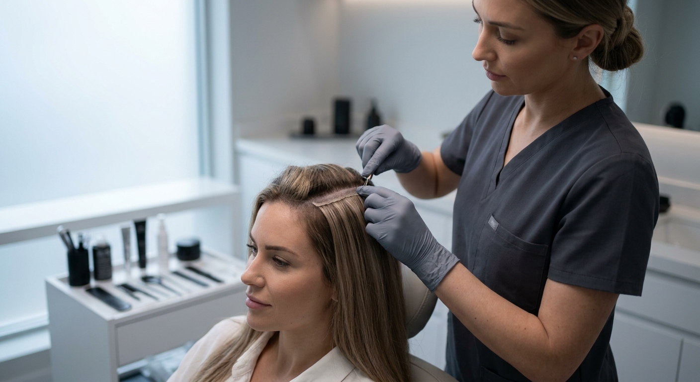 An organized flat lay of various high-quality hair care products specifically for 'Hair Extension Maintenance', including a sulfate-free shampoo, conditioner, a wide-tooth comb, and a silk bonnet, against a clean, elegant backdrop.
