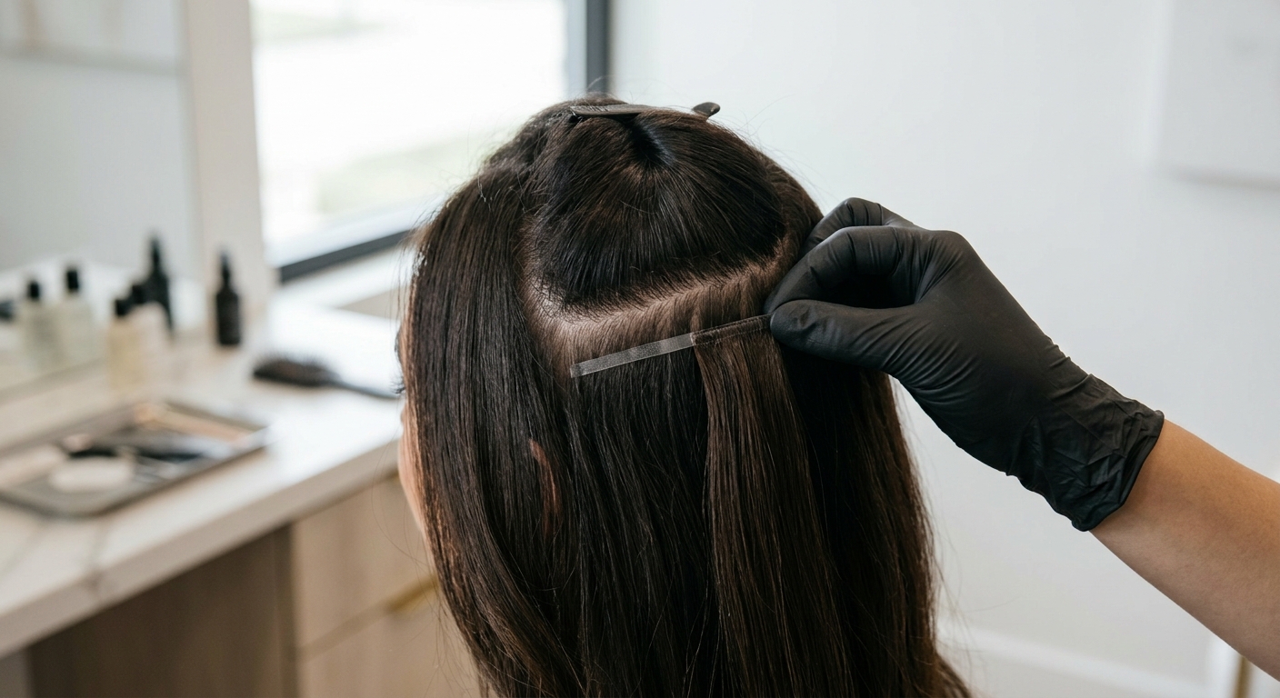 Close-up of a stylist meticulously working on custom hair solutions, showing intricate detail and quality materials