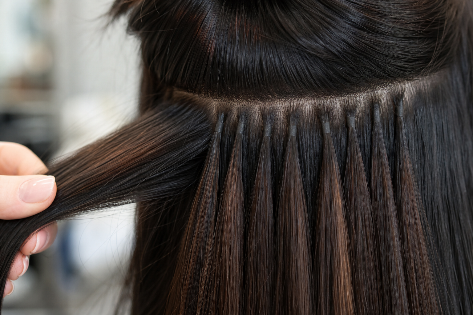 Vibrant, glossy hair extensions with rich extension color keratin, showcasing the strength and shine from keratin treatments. Professional salon setting in the background.