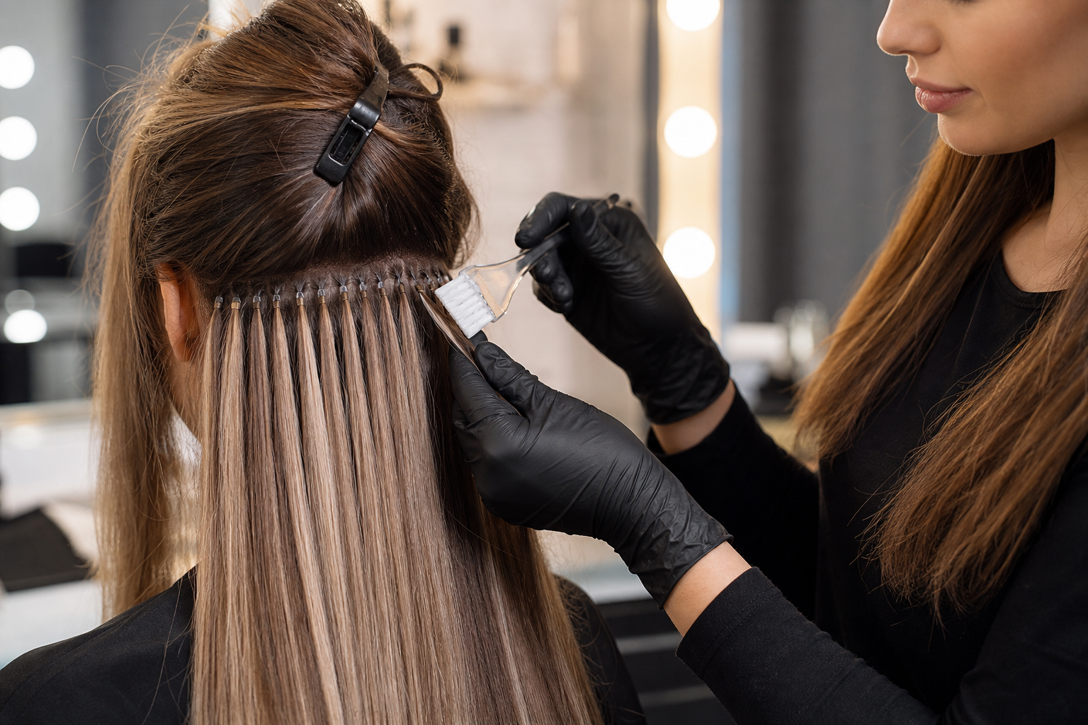 Close-up of a stylist applying a color treatment to keratin bond hair extensions, emphasizing precision and care for maintaining extension color keratin vibrancy.
