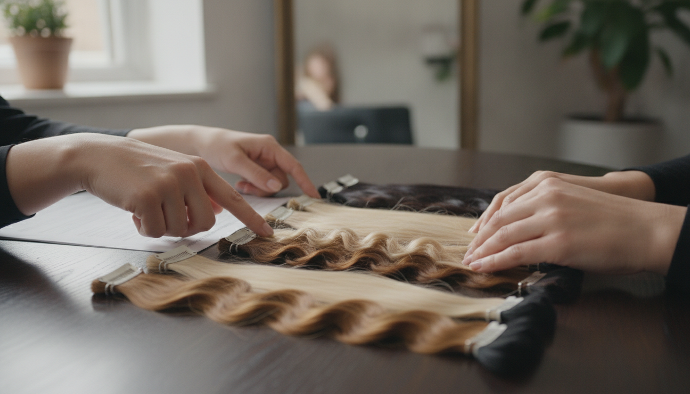 A stylist showing different hair extension types during an extension consultation questions session