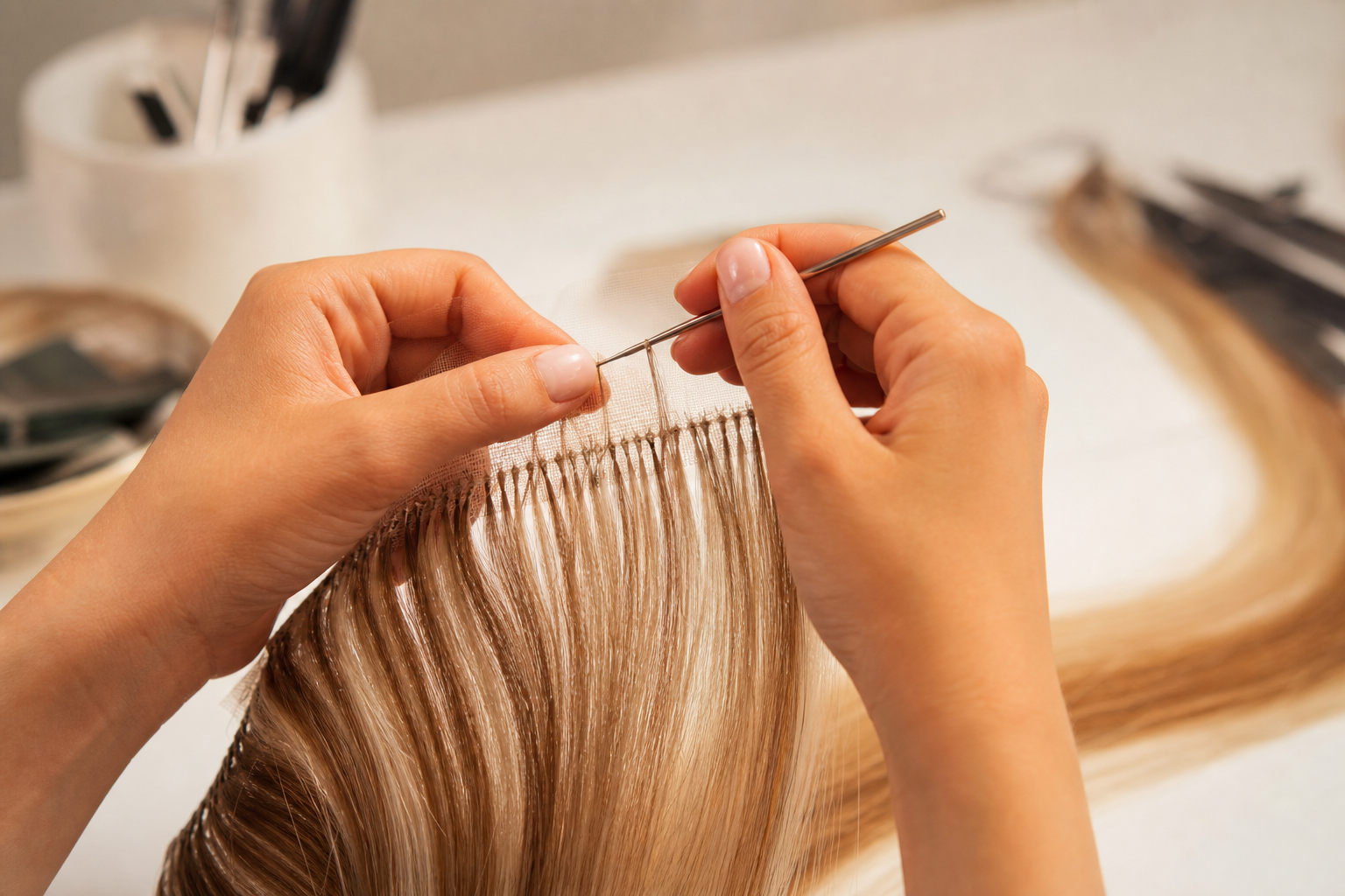 An artisan's hands carefully crafting handmade evolution hair product, surrounded by natural ingredients like herbs, botanicals, and essential oils, with a warm, inviting color palette.