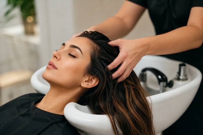 Gentle Scalp Care: 4 Powerful Secrets for Hair Extensions 3 A woman applying a soothing serum to her scalp with hair extensions, demonstrating gentle scalp care techniques.