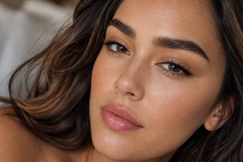 Makeup artist applying foundation for volume on a model with hair extensions