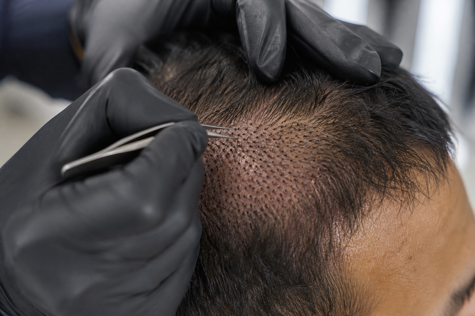 micropele hair implantation technician meticulously applying extensions