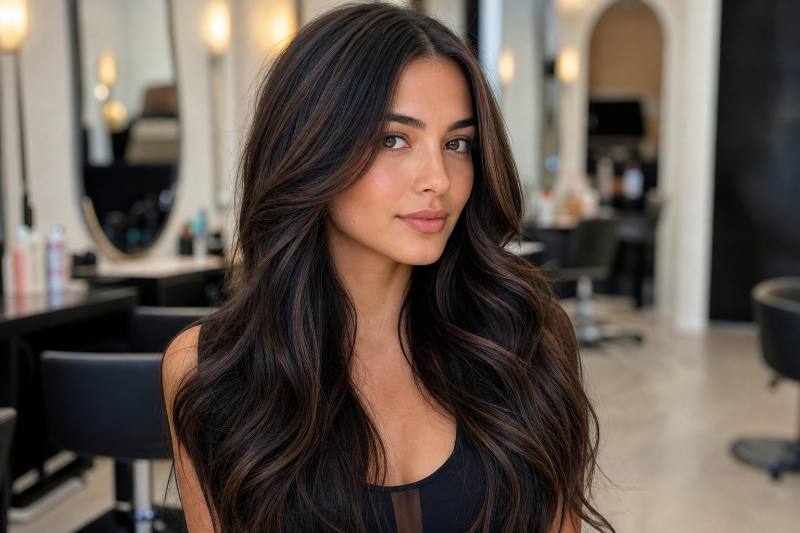 A woman with perfectly blended, long hair extensions, showcasing the results of precision hair crafting.