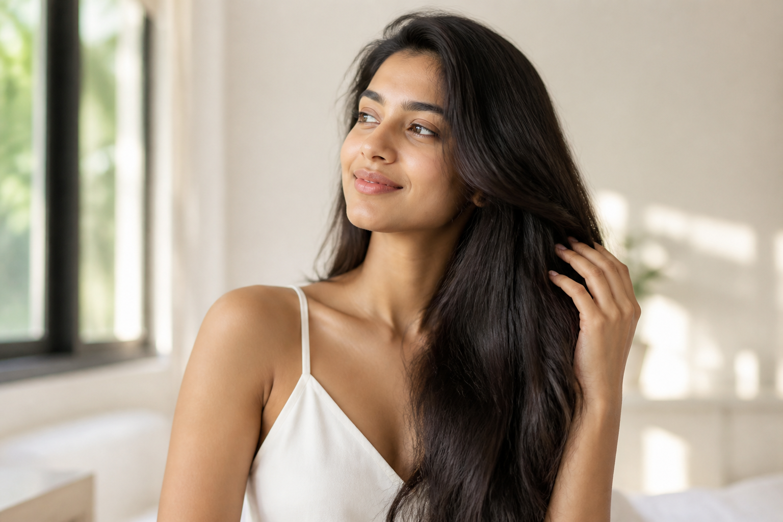 A vibrant, close-up image of a clean, healthy scalp with strong, shiny hair, emphasizing natural beauty and the positive effects of low hair usage benefits.