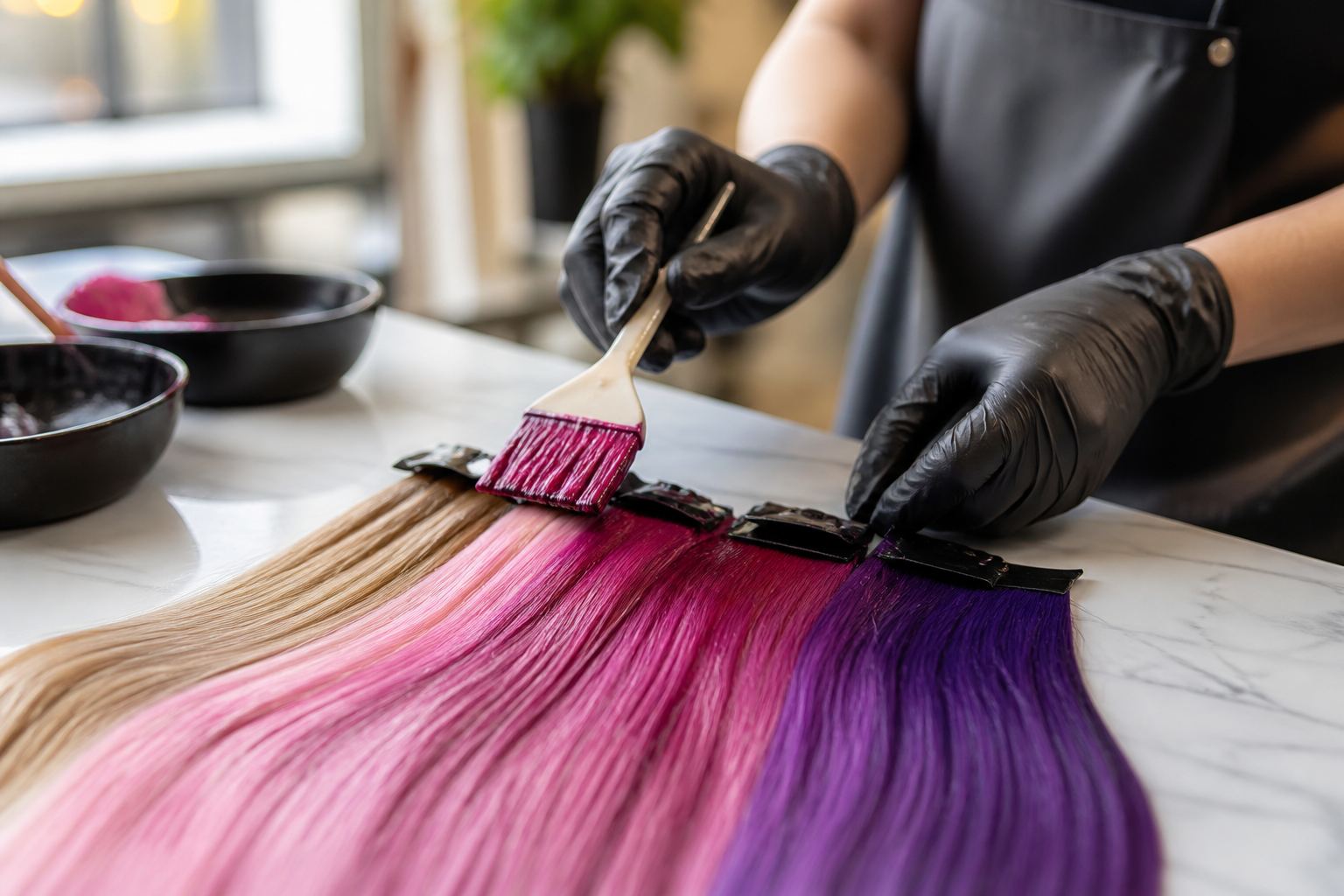 A stylist carefully applying dye to hair extensions for safe extension coloring, ensuring vibrant, damage-free results.