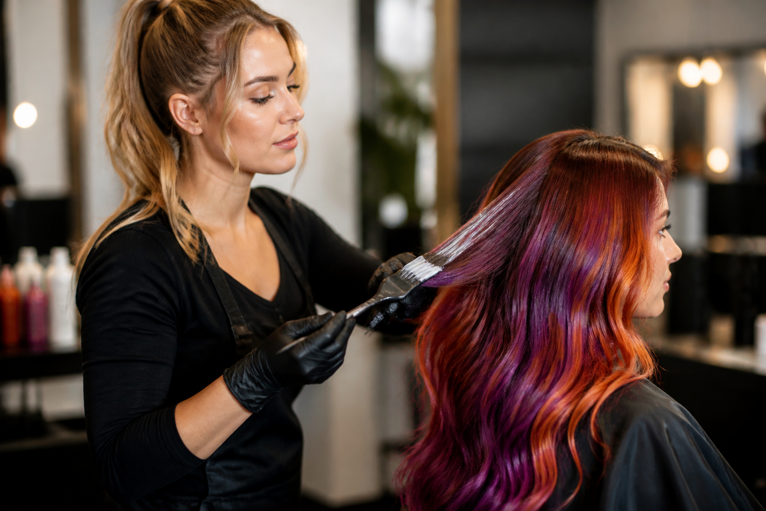 Evolution Color Care: 6 Powerful Secrets for Vibrant Hair 4 Modern salon setting with Evolution color care products on display, hands applying a product to hair, emphasizing professional use. Evolution color care.