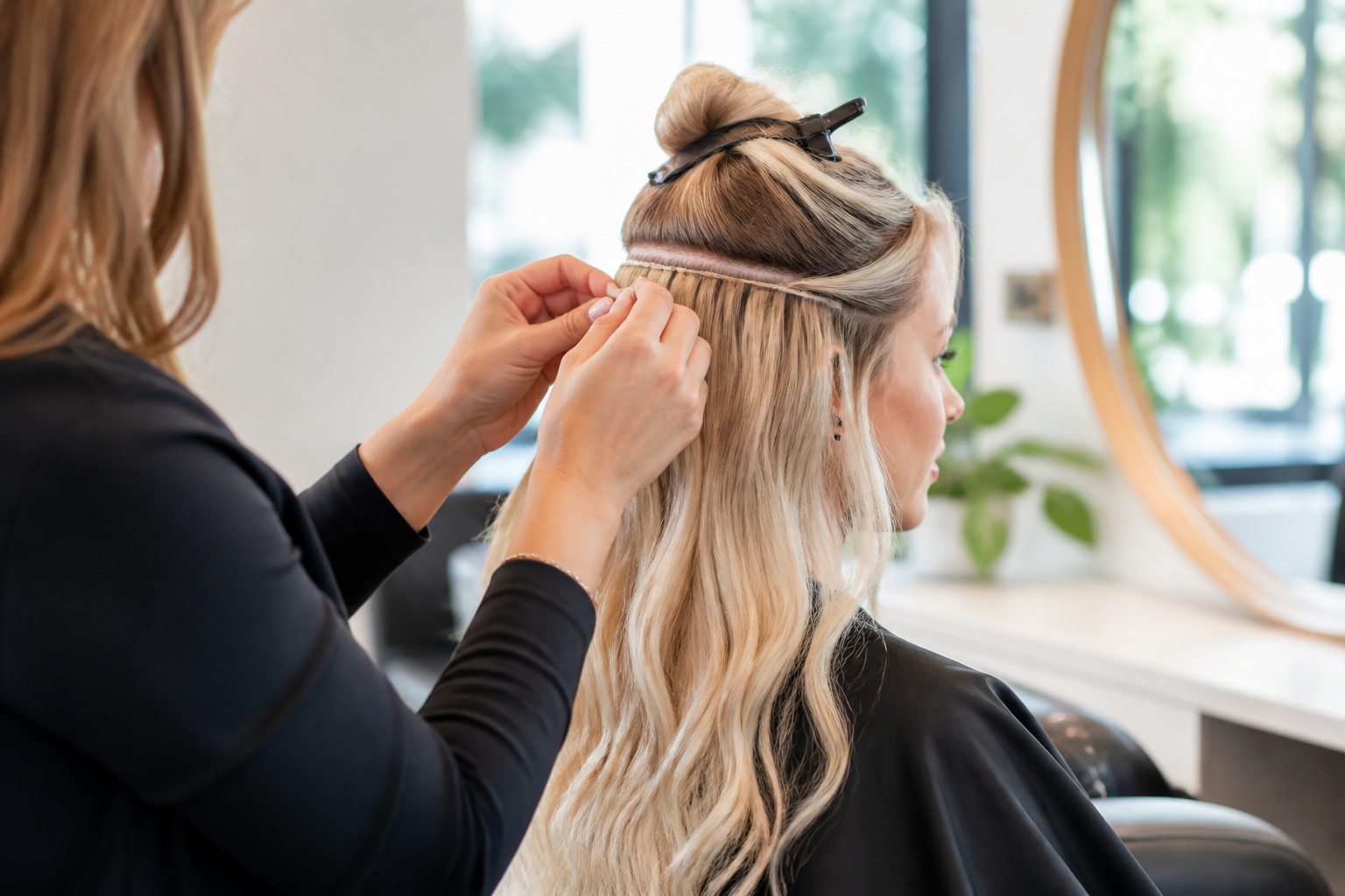extension pricing guide with a person confidently touching their hair extensions and smart financial choices