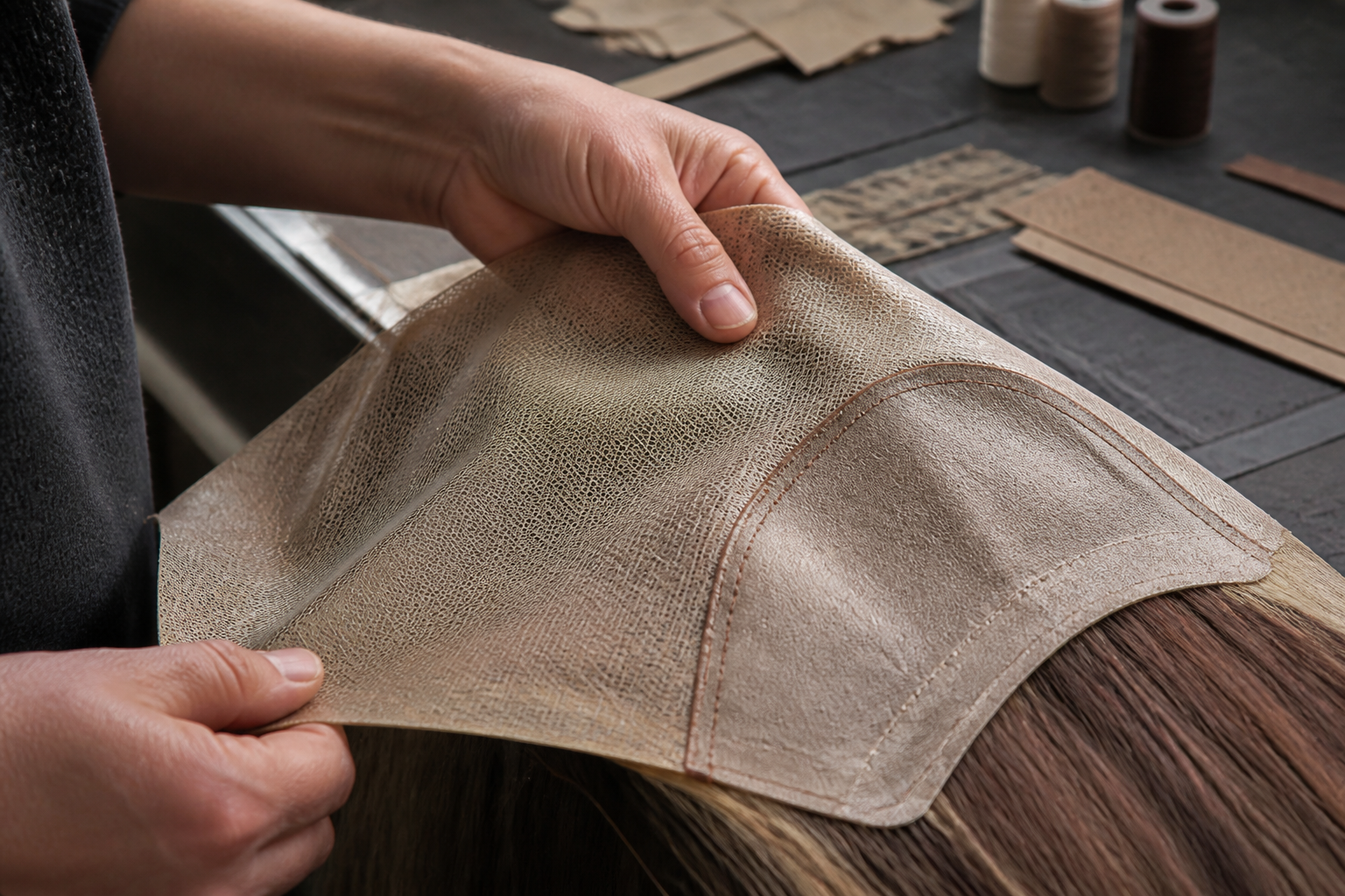 A designer's hands gently working with a roll of Micropele Canvas Design, illustrating the fabric's flexibility and soft texture.