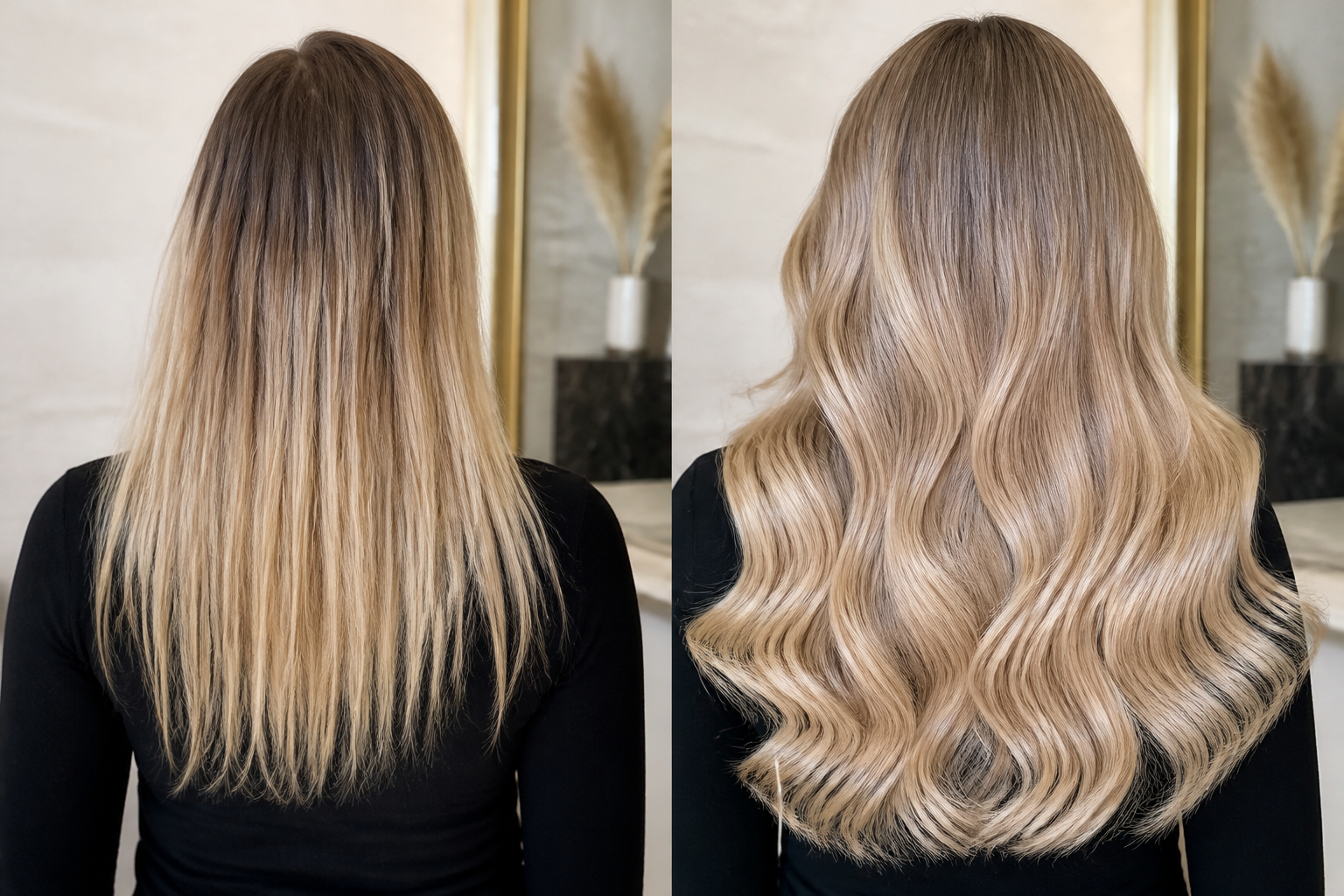 A smiling client enjoying her beautiful, full hair created with damage-free tape extensions at Mariana Plaster Hair Extensions in Winter Garden, FL.