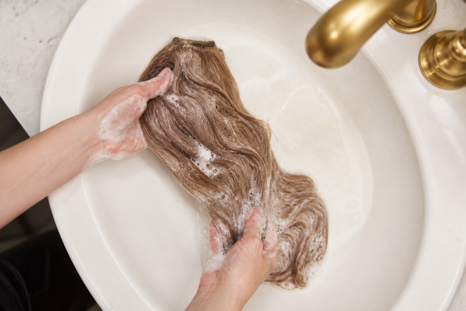 Professional stylist applying treatment for extension color preservation