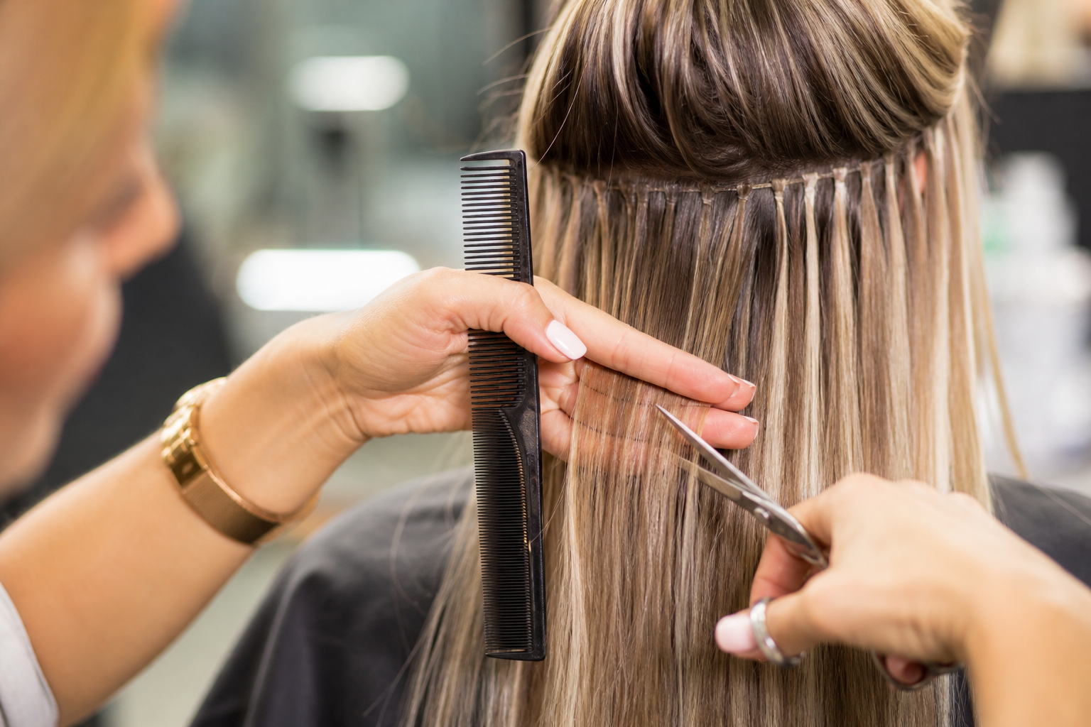 A stylist performing extension haircut art at Mariana Plaster Hair Extensions for a perfectly blended look.