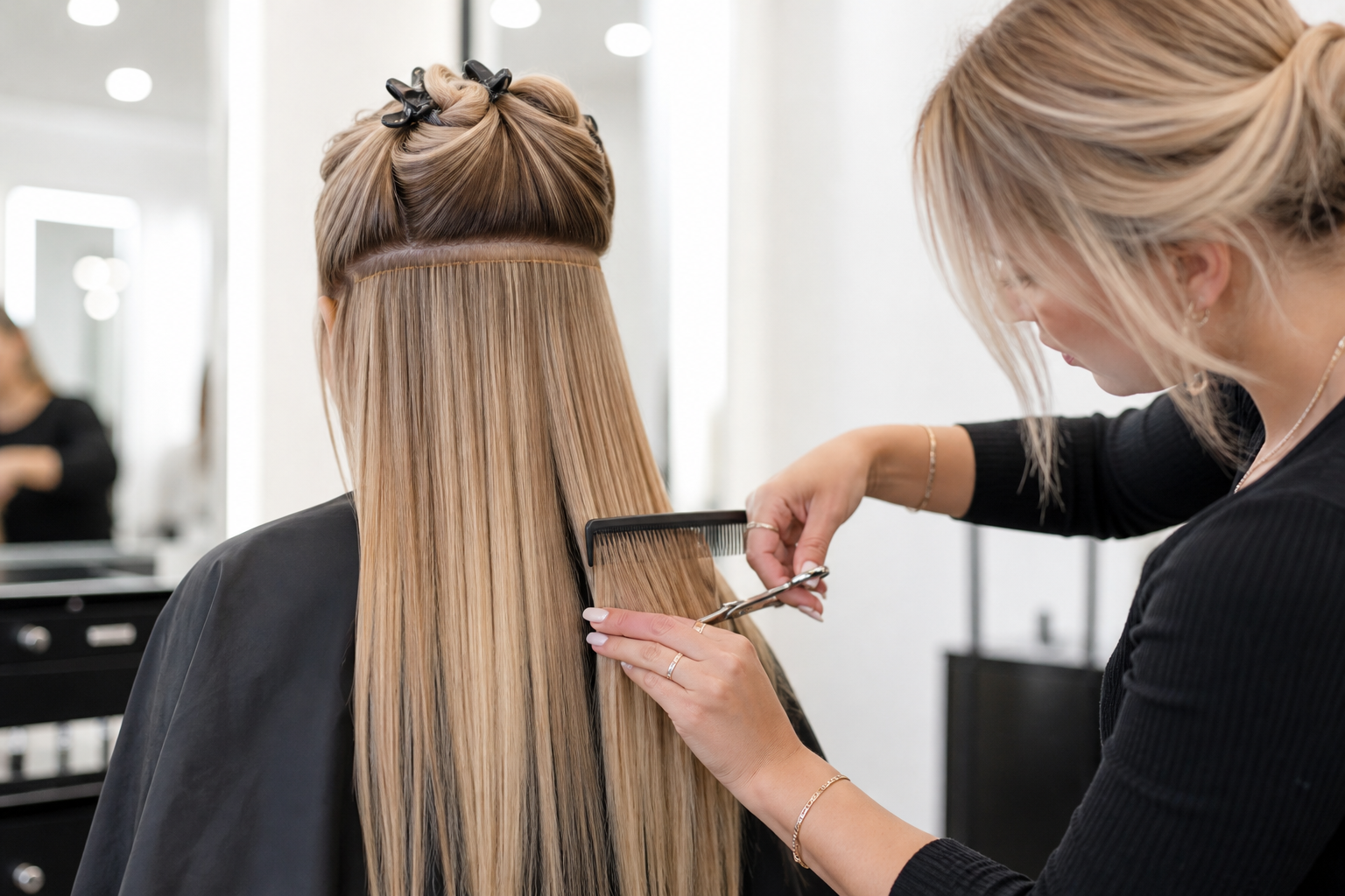 Perfectly blended extension haircut art achieved through expert styling.