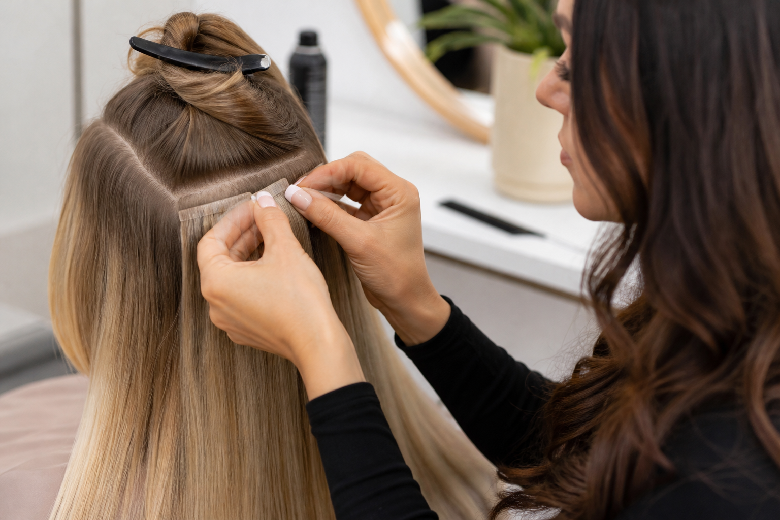 A professional stylist performing a fast hair extension application with the pain-free Evolution Hair Method at Mariana Plaster.