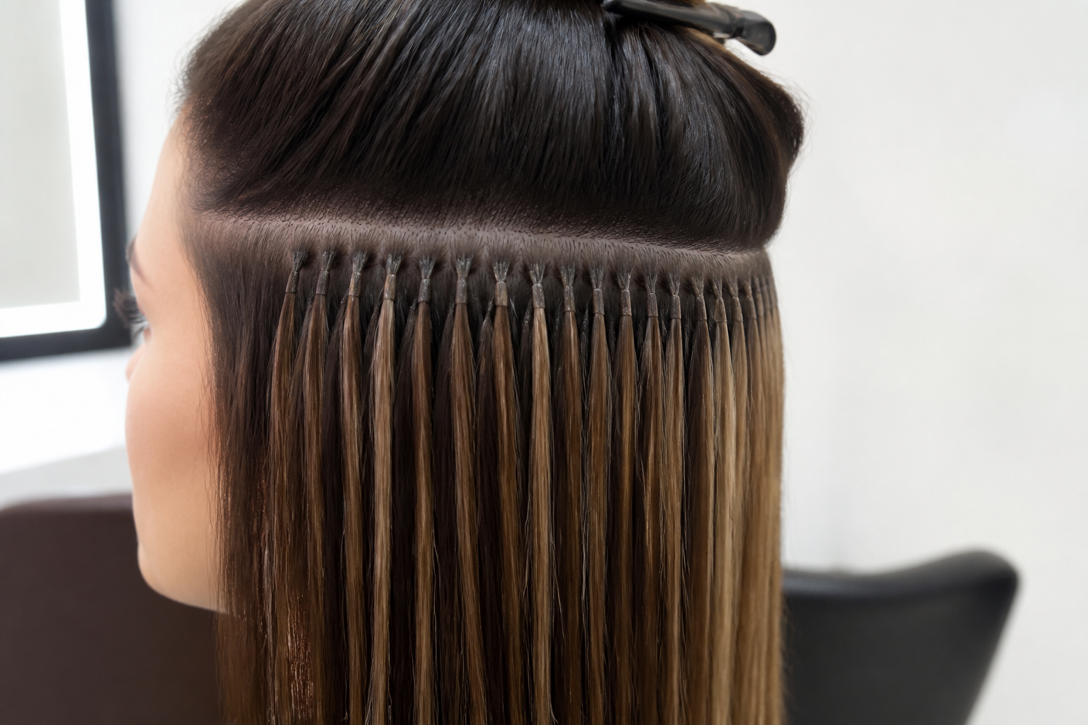 Client showcases natural-looking results from handmade micropele extensions via the Evolution Hair Method.